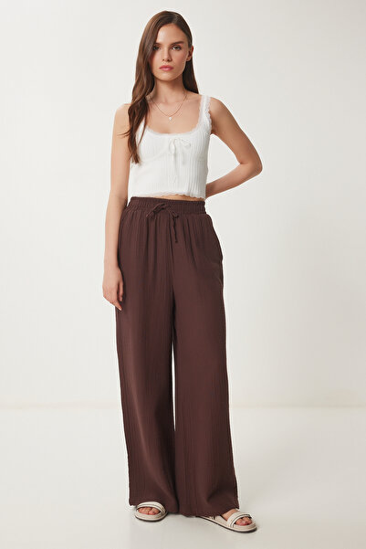Happiness İstanbul Women's Brown Muslin Palazzo Pants Mx00160