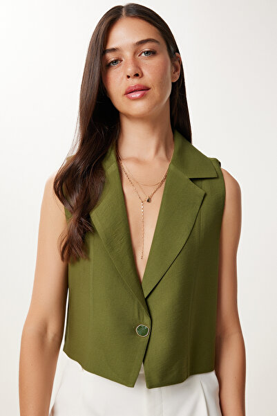 Happiness İstanbul Kadın Haki Düğmeli Keten Yelek TO00055