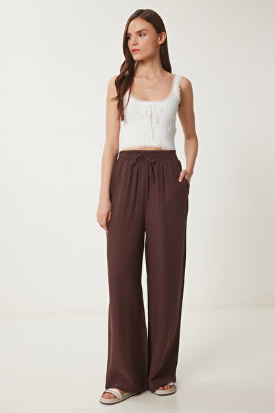 Happiness İstanbul Women's Brown Muslin Palazzo Pants Mx00160