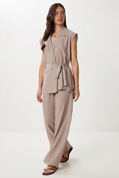 Happiness İstanbul Women's Mink Belted Vest Palazzo Knitted Set By00055