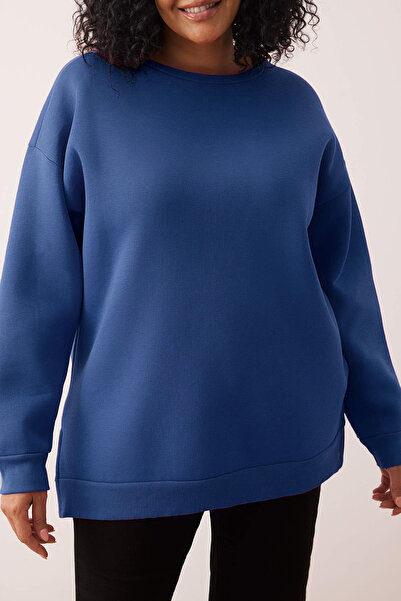 Trendyol Curve Φούτερ μεγάλου μεγέθους/χαλαρή εφαρμογή με πλεκτό φλις εσωτερικά με σχισμή Indigo TBBAW24AO00003