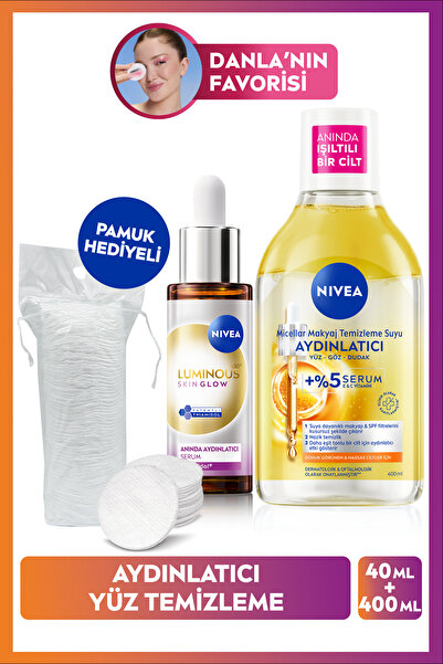 NIVEA Aydınlatıcı Bakım Seti, Makyaj Temizleme Suyu 400ml ve Luminous630 Skin Glow Serum 30ml,Pamuk Hediye
