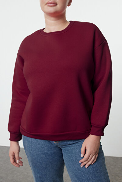 Trendyol Curve Bordová oversize/relaxovaný střih Basic Crew Neck Tlustá/pletená mikina s fleecovou podšívkou uvnitř TBBAW25AO00008