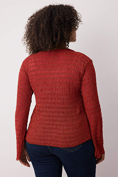 Trendyol Curve Tile Premium Binding Detail Textured V-Neck Stretchy Knitted Plus Size Blouse Tbbaw26Af00032