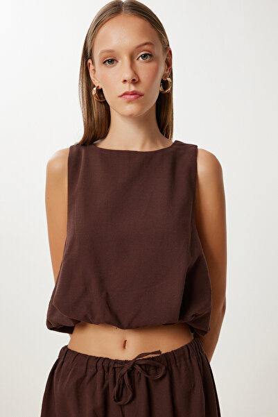 Happiness İstanbul Women's Brown Linen Culotte Pants Blouse Set Lrv0116