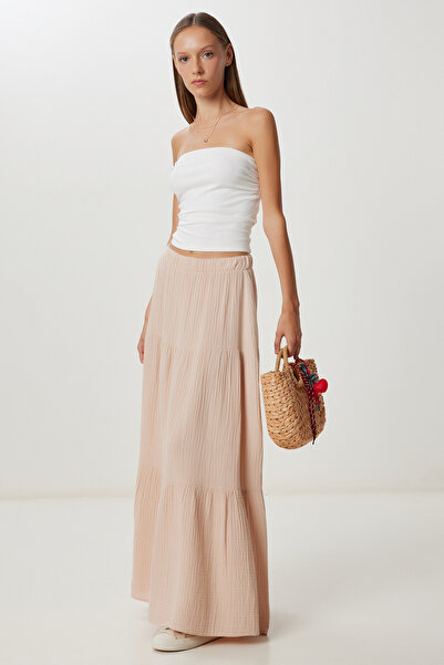 Happiness İstanbul Women's Beige Flounced Summer Muslin Skirt Lkt0005