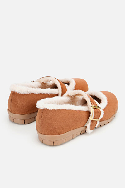 Yaya by Hotiç Women's Tan Fur Belted Mary Jane Ballerinas