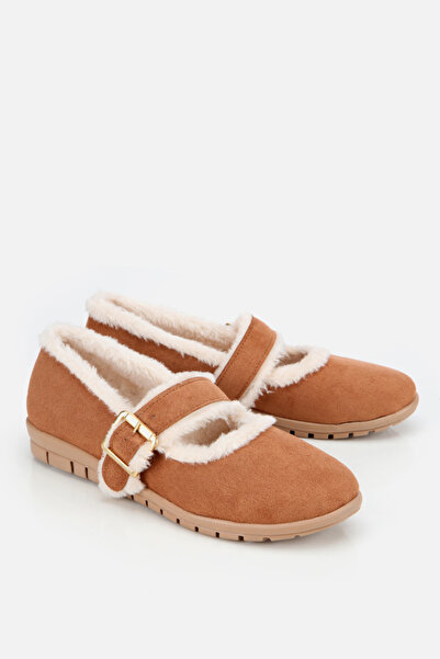 Yaya by Hotiç Women's Tan Fur Belted Mary Jane Ballerinas