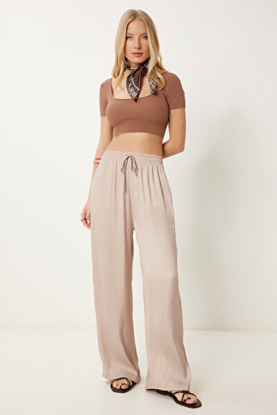 Happiness İstanbul Women's Beige Satin Surface Flowy Palazzo Pants Lcr0076