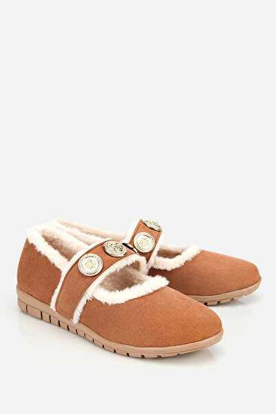 Yaya by Hotiç Women's Tan Fur Buckle Mary Jane Ballerinas