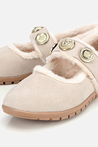 Yaya by Hotiç Women's Beige Fur Buckle Mary Jane Ballerinas