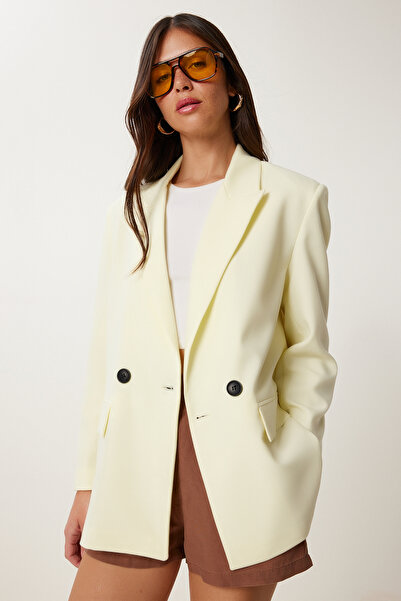 Happiness İstanbul Women's Lemon Yellow Contrast Buttoned Oversize Seasonal Blazer Jacket Lwf0031