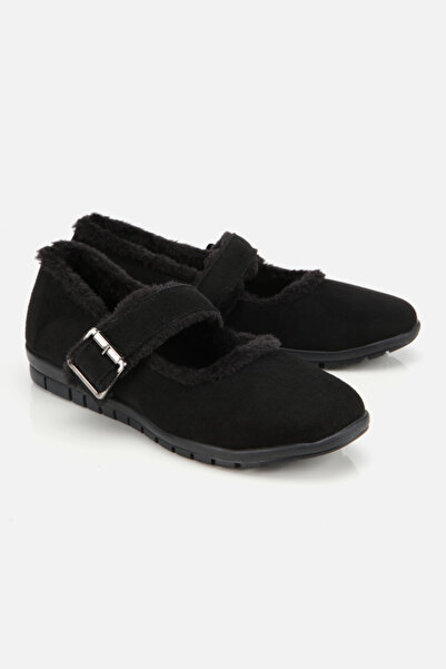 Yaya by Hotiç Women's Black Fur Belted Mary Jane Ballerinas