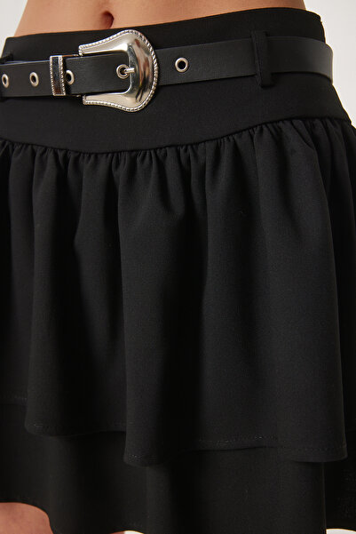Happiness İstanbul Women's Black Belted Layered Mini Woven Skirt Lus0117