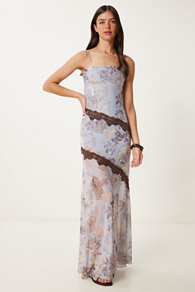 Happiness İstanbul Women's Stone Grey Patterned Summer Long Tulle Dress Lub0119