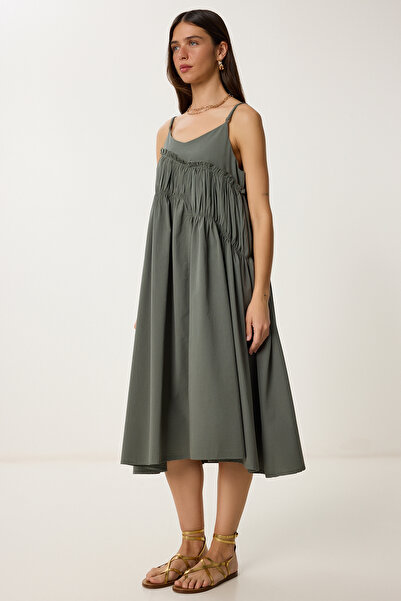 Happiness İstanbul Women's Khaki Strap Summer Woven Dress Lrc0002