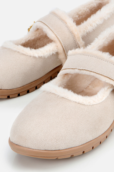 Yaya by Hotiç Women's Beige Fur Belted Mary Jane Ballerinas