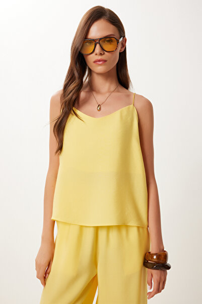 Happiness İstanbul Women's Yellow Strap Modal Blouse Pants Set Lrv0108