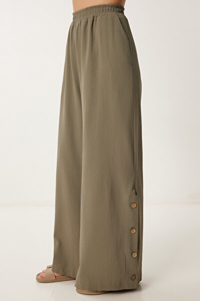 Happiness İstanbul Women's Khaki Linen Crop Blouse Pants Set Lrv0107