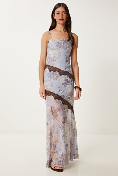 Happiness İstanbul Kadın Taş Grisi Desenli Yazlık Uzun Tül Elbise LUB0119