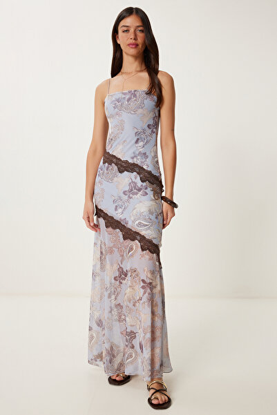 Happiness İstanbul Women's Stone Grey Patterned Summer Long Tulle Dress Lub0119