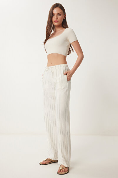 Happiness İstanbul Women's Cream Wide Leg Striped Linen Trousers Lcr0058