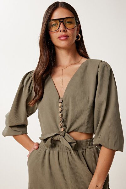 Happiness İstanbul Women's Khaki Linen Crop Blouse Pants Set Lrv0107