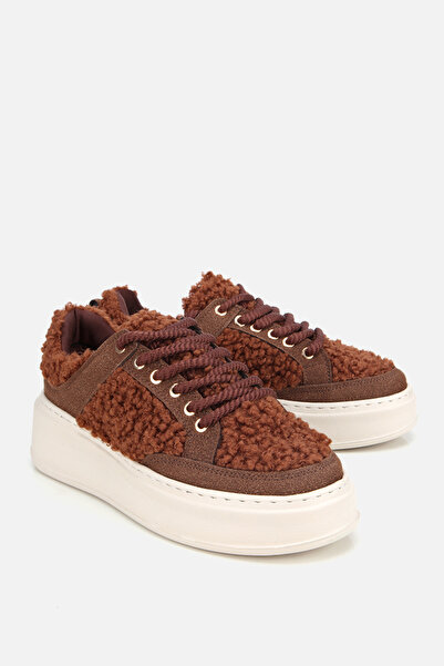 Yaya by Hotiç Women's Brown Fur Lace-Up Platform Sneakers