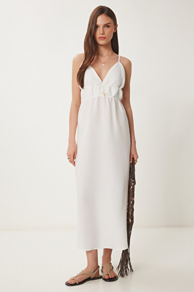 Happiness İstanbul Kadın Kemik Sırt Dekolteli Yazlık Poplin Elbise LDP0043