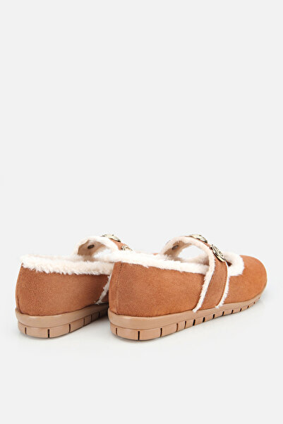 Yaya by Hotiç Women's Tan Fur Buckle Mary Jane Ballerinas