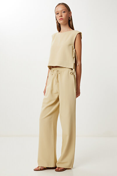 Happiness İstanbul Women's Beige Padded Linen Blouse Pants Set Lrv0115