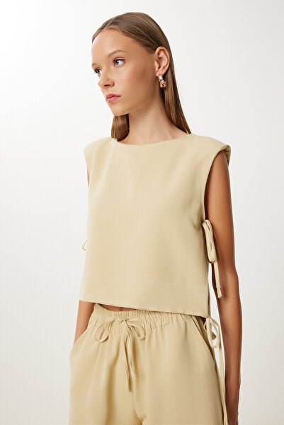 Happiness İstanbul Women's Beige Padded Linen Blouse Pants Set Lrv0115