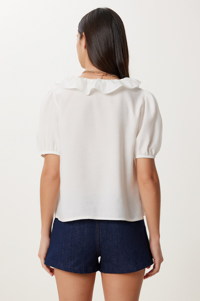 Happiness İstanbul Women's Ecru Flounce Detail Modal Blouse Lmx0095