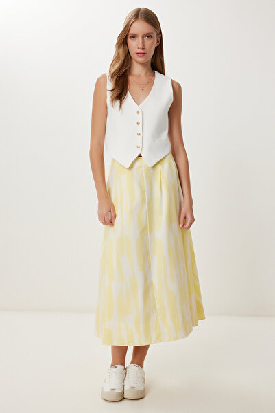Happiness İstanbul Kadın Sarı Kemik Desenli Midi Poplin Etek LDP0066