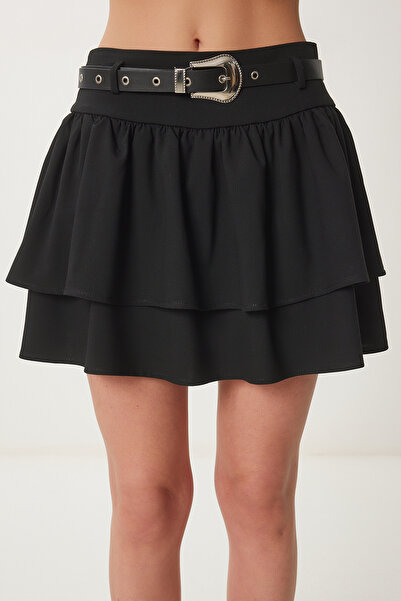 Happiness İstanbul Women's Black Belted Layered Mini Woven Skirt Lus0117