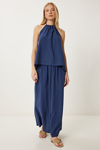 Happiness İstanbul Women's Navy Blue Modal Blouse Skirt Set Lhl0006