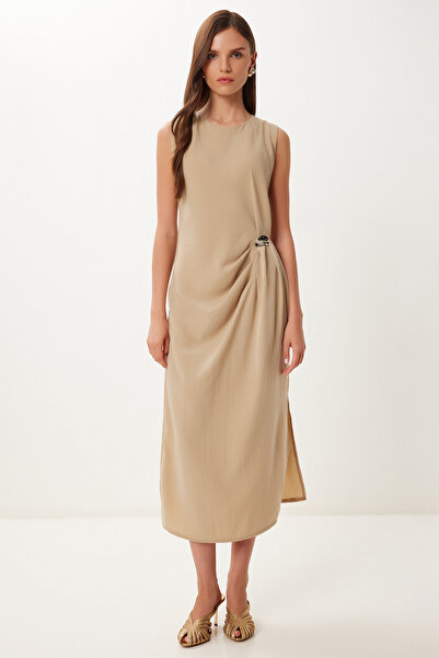 Happiness İstanbul Women's Beige Draped Midi Woven Dress with Accessories Lrv0113