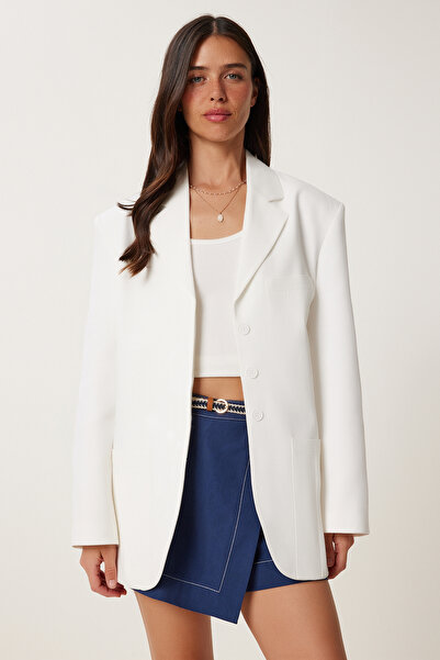 Happiness İstanbul Жіночий екрю бавовняний сезонний блейзер LFK0013