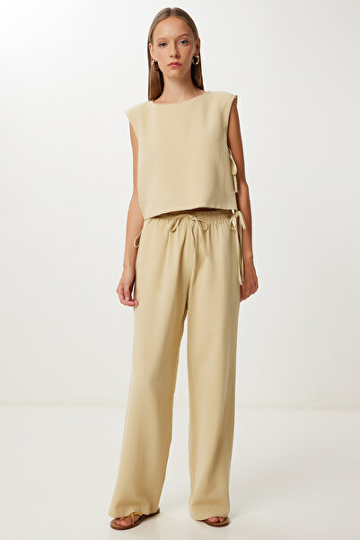 Happiness İstanbul Women's Beige Padded Linen Blouse Pants Set Lrv0115