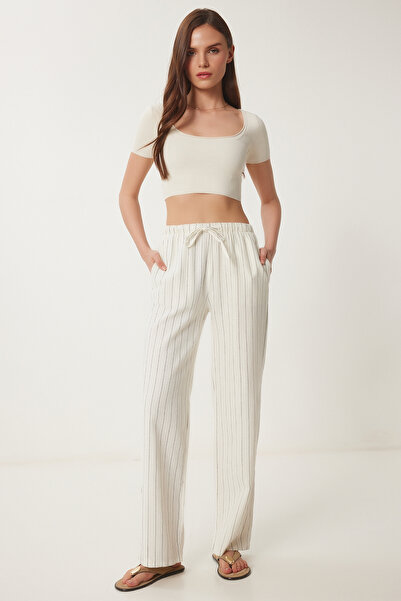 Happiness İstanbul Women's Cream Wide Leg Striped Linen Trousers Lcr0058