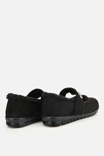 Yaya by Hotiç Women's Black Fur Buckle Mary Jane Ballerinas