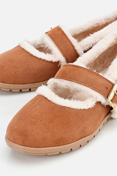 Yaya by Hotiç Women's Tan Fur Belted Mary Jane Ballerinas