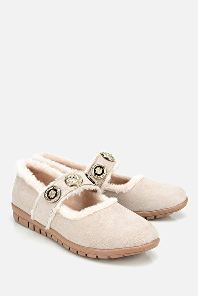 Yaya by Hotiç Women's Beige Fur Buckle Mary Jane Ballerinas