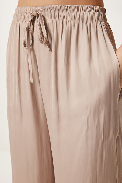 Happiness İstanbul Women's Beige Satin Surface Flowy Palazzo Pants Lcr0076
