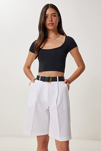 Happiness İstanbul Γυναικείο λευκό υφαντό σορτς βερμούδας με τσέπες LFK0015