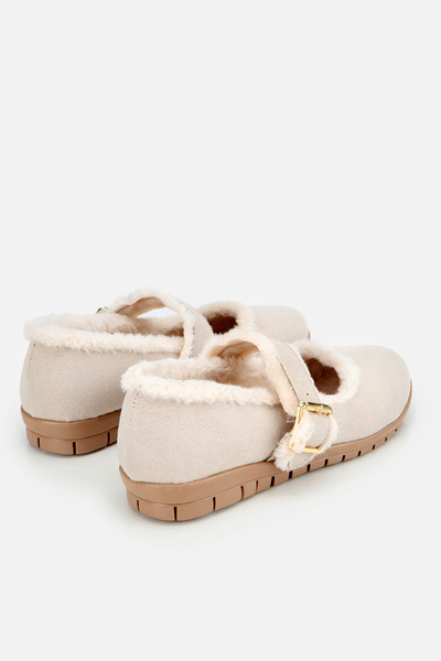 Yaya by Hotiç Women's Beige Fur Belted Mary Jane Ballerinas