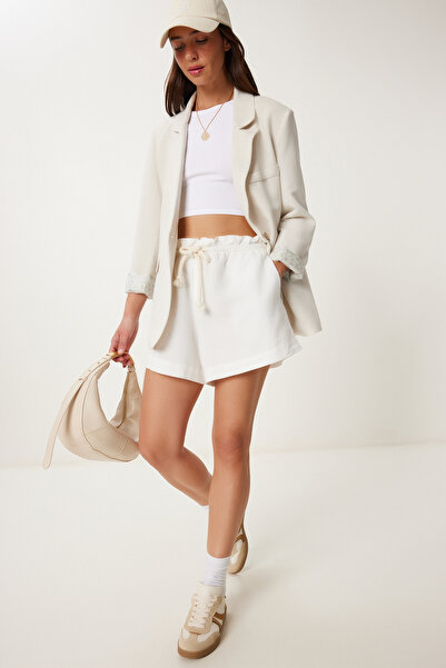 Happiness İstanbul Women's Beige Double Breasted Collar Buttoned Linen Blazer Jacket Lns0062