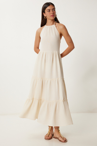 Happiness İstanbul Women's Cream Flounced Summer Long Linen Dress Ldp0051