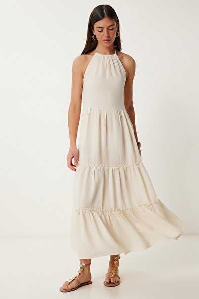Happiness İstanbul Women's Cream Flounced Summer Long Linen Dress Ldp0051