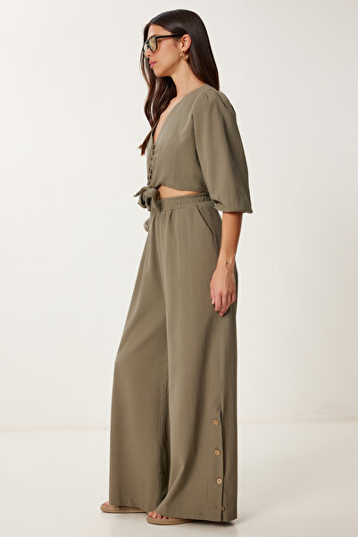 Happiness İstanbul Women's Khaki Linen Crop Blouse Pants Set Lrv0107